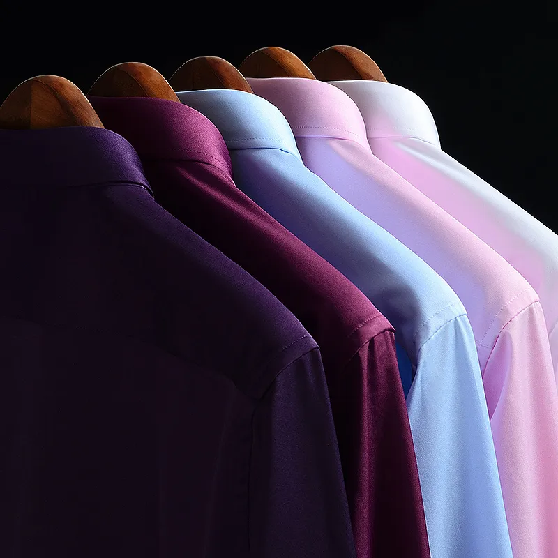 Dress Shirt Non-Iron - 2026年ノンアイロンソリッドソフトイージーケアストレッチシャツメンズスパンデックス長袖ドレスシャツメンズオフィスシャツメンズ服