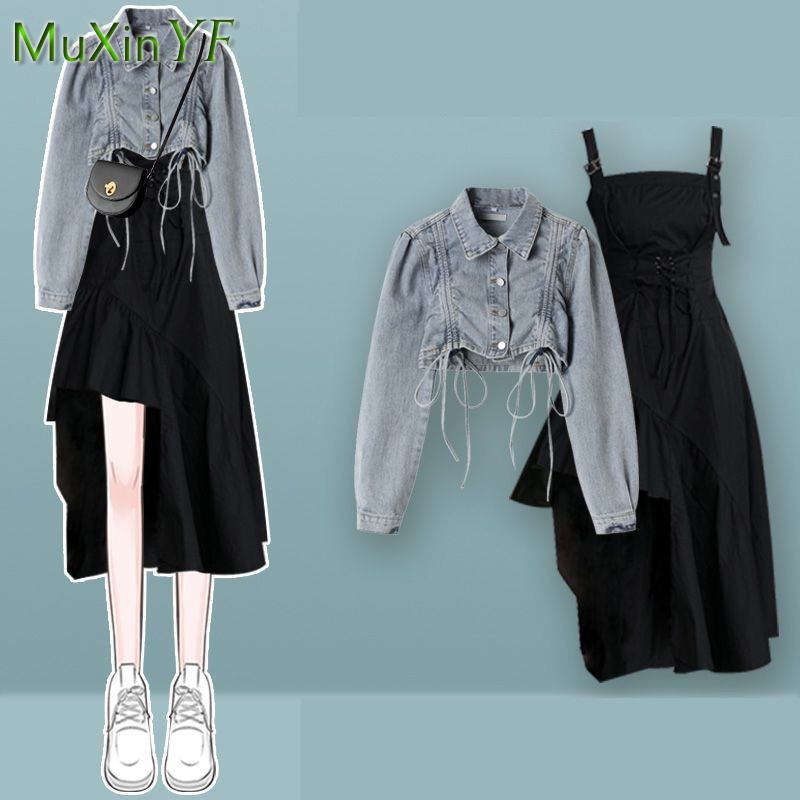 Denim Jacket Vintage - 女性の 2026 春秋の新作ドレスマッチングセット韓国のエレガントなヴィンテージショートデニムジャケット + 不規則なストラップスカートツーピーススーツ