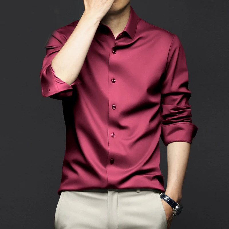 Dress Shirt Non-Iron - 5XL 大きいメンズドレスピュアホワイトシャツ高品質フォーマル秋春非アイロンビジネスカジュアルアイスシルクソーシャルストレッチスムーズ