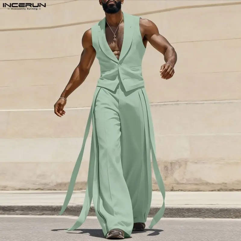 Men'S Fashion For Summer - INCERUN メンズセットアップ 無地 Vネック ノースリーブベスト＆パンツ ベルト付き