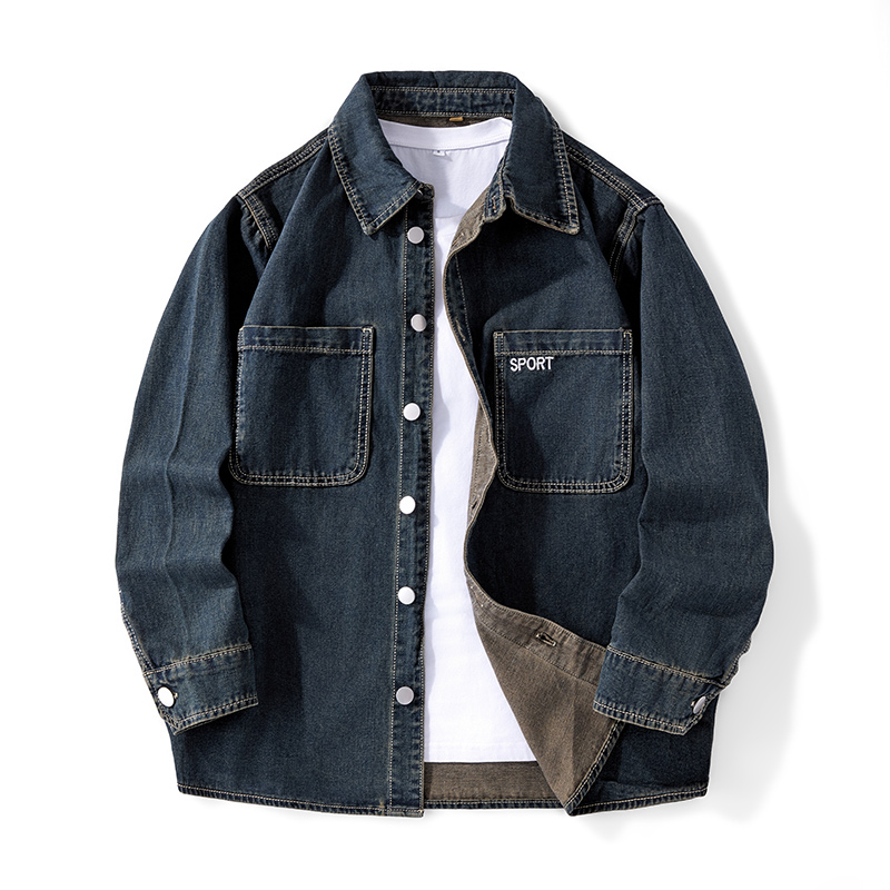 Denim Jacket Vintage - ヘビーデューティーウォッシュドデニムジャケット メンズ ヴィンテージブルー ラペル付き 長袖シャツスタイルジャケット カジュアルでゆったりとしたアウターウェア