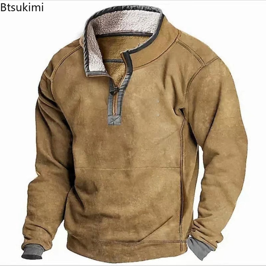 Men'S Fashion Hoodies - 2026秋冬メンズファッション スプライススエードフーディー スタンドカラー 防風保温プルオーバートップス 男性用ヴィンテージカジュアルスウェットシャツ