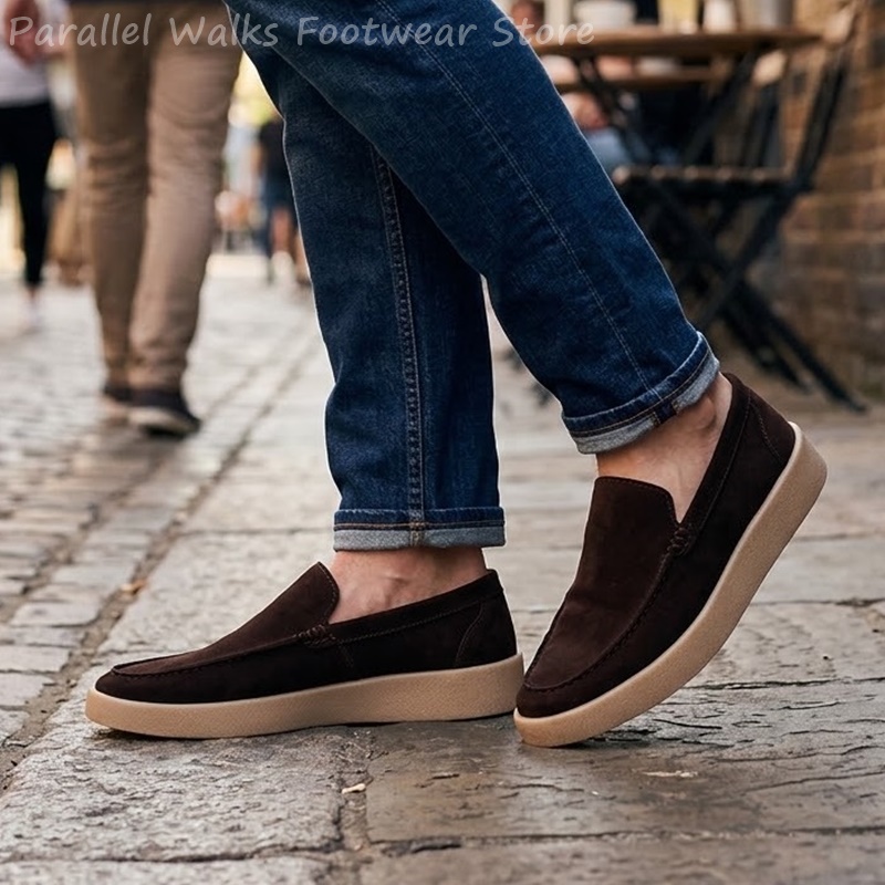 Suede Loafers Men - メンズスエードスリッポンローファー モックトゥ ドライビングフラットシューズ 軽量カジュアルプラットフォームウォーキングシューズ バケーションローファー メンズ
