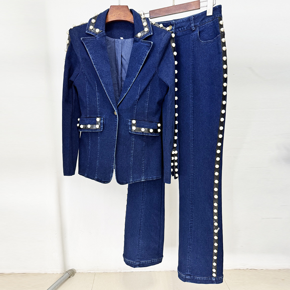 Denim Jacket Vintage - 高品質 最新2026年ランウェイデザイナースーツセット レディース ビーズ付きデニムジャケット ジーンズセット 2点セット