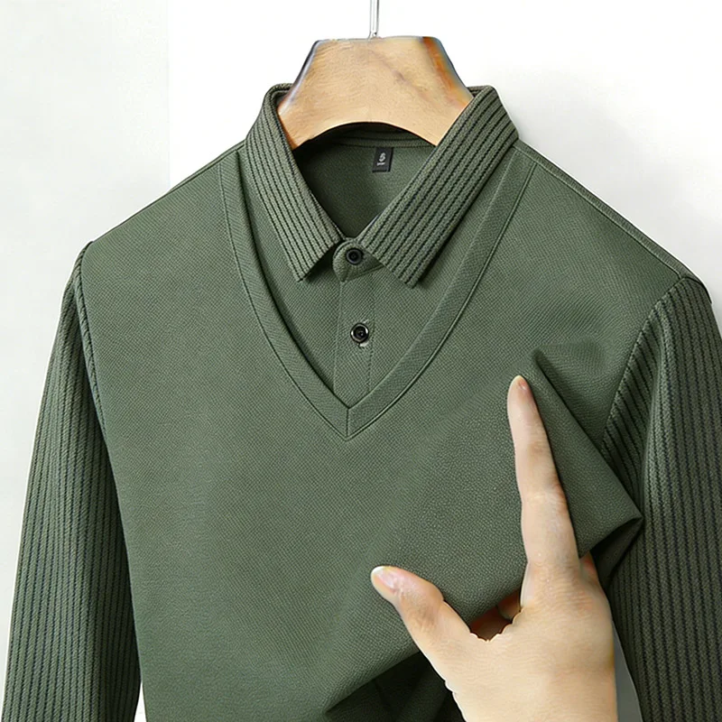 Mens Fashion Ideas - メンズフェイクツーピースシャツ襟 V ネック長袖トップカーキストライプカジュアルファッション柔らかい生地日常着ブラウス