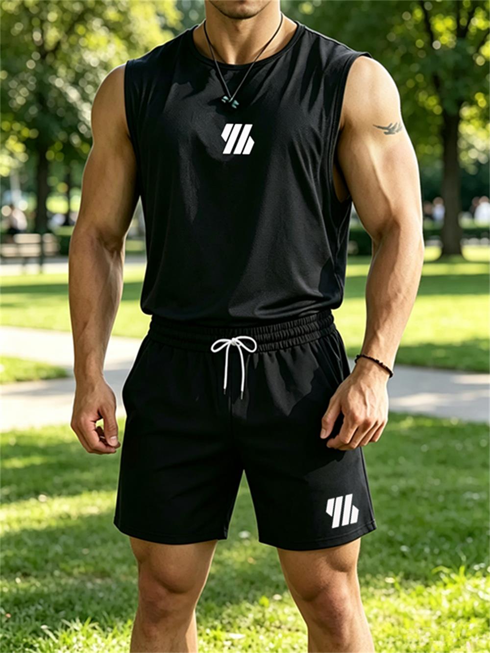 Men'S Fashion For Summer - 2026年新作メンズブランドベスト ツーピースフィットネスランニングスポーツウェア ファッションプリントラウンドネックベスト/通気性ショートパンツセット