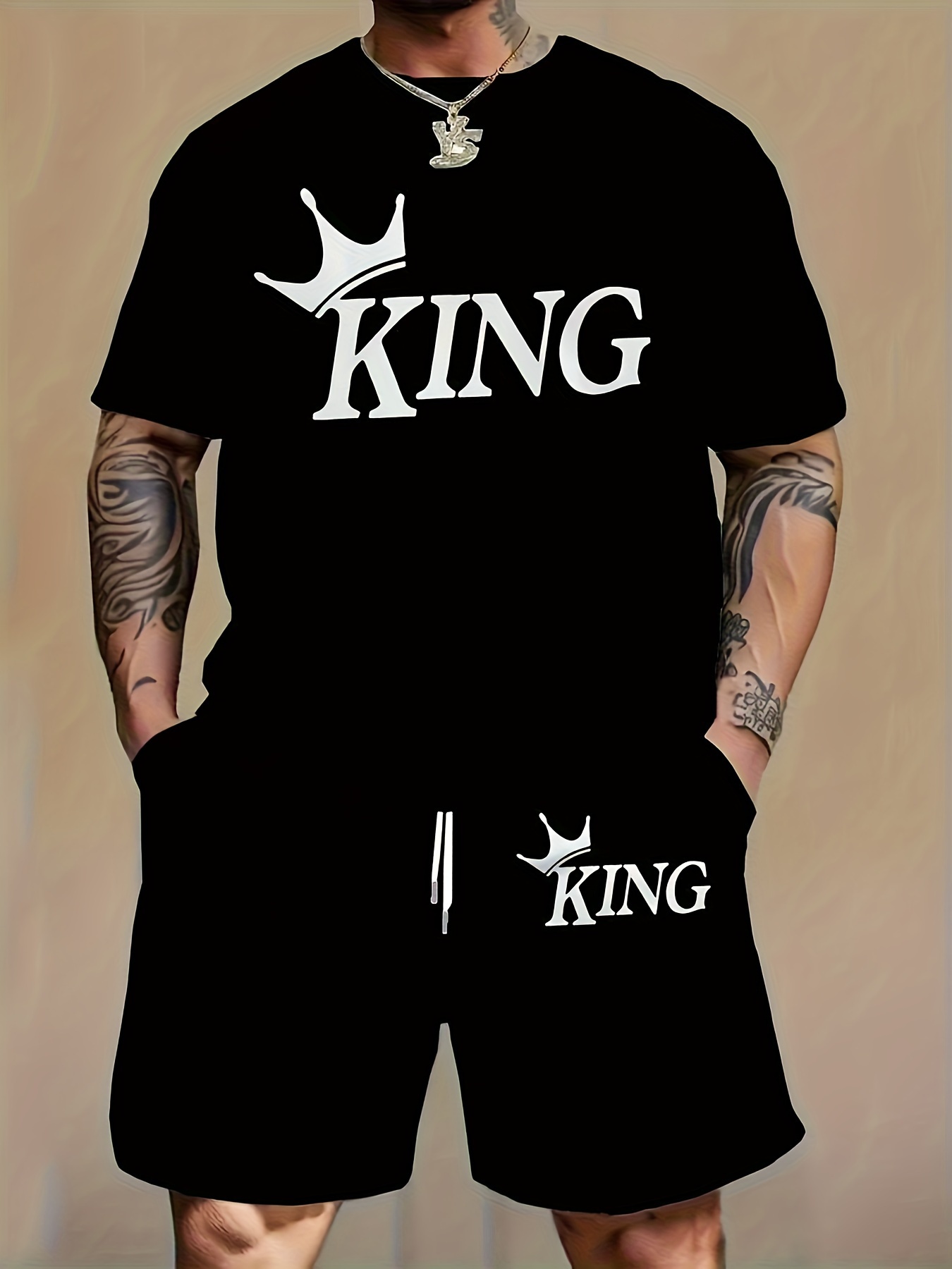 Mens Fashion Ideas - メンズファッション 2ピースマッチングセット レタープリント半袖Tシャツ＆ショートパンツ カジュアルストリートウェア デイリースポーツウェア用