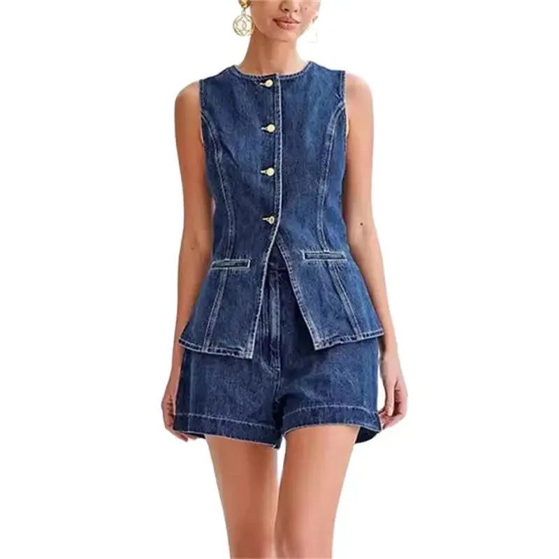 Denim Jacket Vintage - 女性用デニムジャンプスーツ,ノースリーブ,ボタン,スプライス,スリム,ハイウエストショーツ,2024