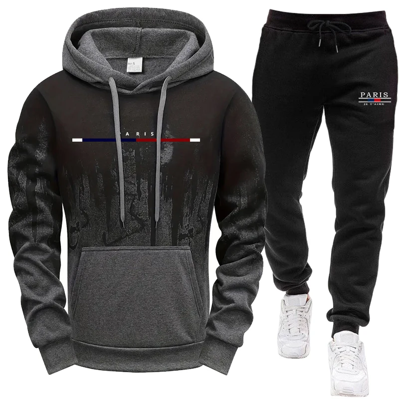 Men'S Fashion Hoodies - メンズセット/フーディー/パンツ 秋冬 フード付きスウェットシャツとスウェットパンツ アウトドアスポーツ ジョガースーツ パリ