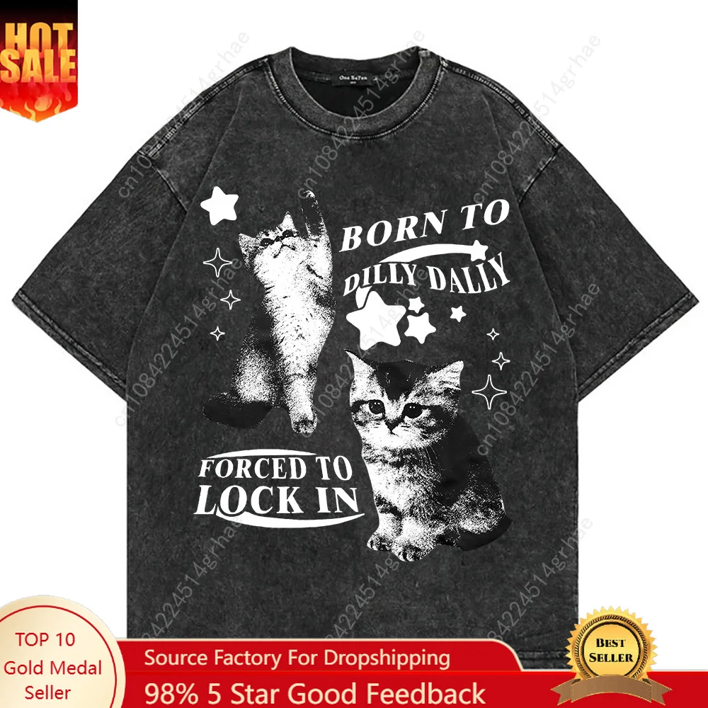 Men'S Fashion V Neck T Shirts - 100% コットンヴィンテージウォッシュ Y2k 面白い猫ミーム Tシャツファッション男性/女性美的グラフィックオーバーサイズルーズ酸洗い Tシャツシャツ