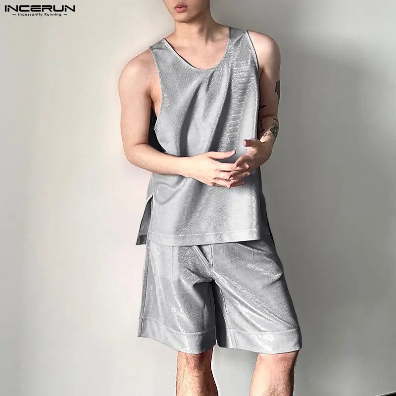Men'S Fashion For Summer - INCERUN メンズセット光沢のある固体 O ネックノースリーブタンクトップショーツ 2 ピースセットストリートウェア