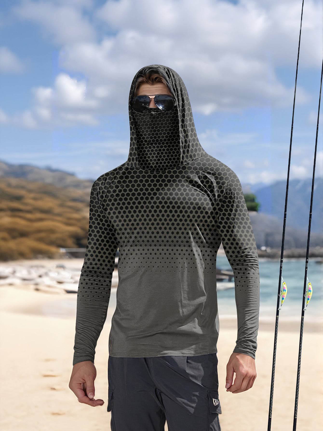 Men'S Fashion For Summer - メンズサマーUPF50+フィッシングフーディー、フェイスマスク付き、グレーハニカムプリント、速乾性、通気性、長袖フィッシングシャツ