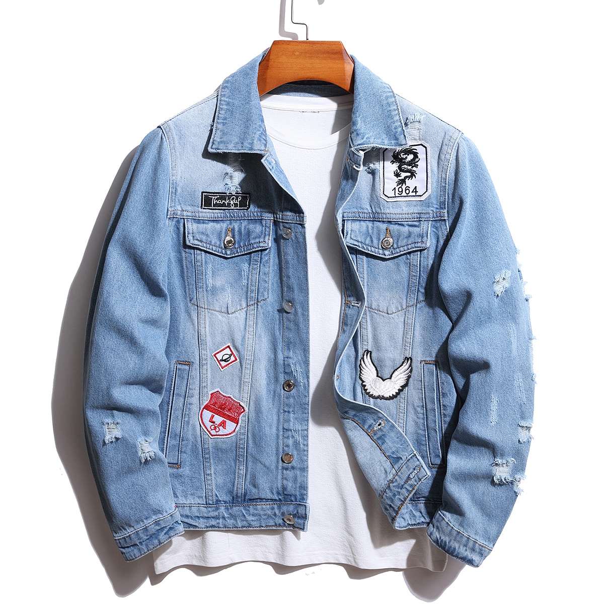 Denim Jacket Vintage - ヴィンテージメンズダメージ加工バギーウィンターデニムジャケット、パッチ刺繍ラペル、長袖カジュアルジャケット、ヒップホップアウターウェアコート