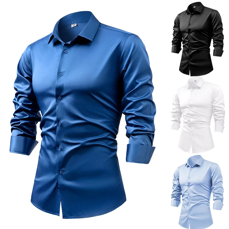Dress Shirt Non-Iron - メンズ長袖シルクサテンシャツ,ネイビーブルー,カジュアル,アイロンなし,しわ防止,仕事,春,秋,2025