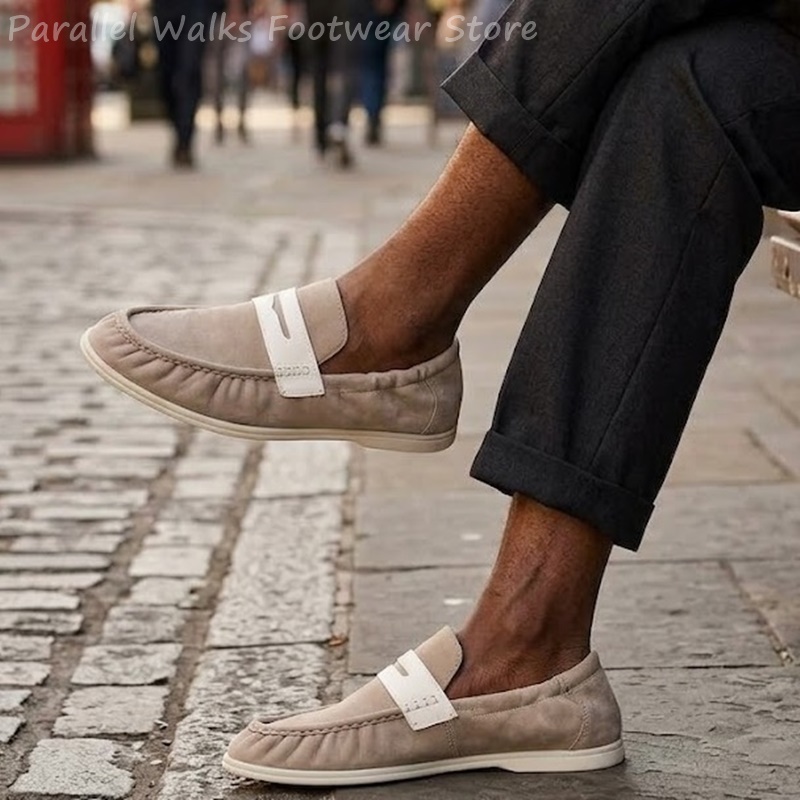Suede Loafers Men - 男性ソフトスエードローファー弾性スリップオンドライビングシューズ軽量通気性カジュアルフラット折りたたみヒールウォーキングシューズ