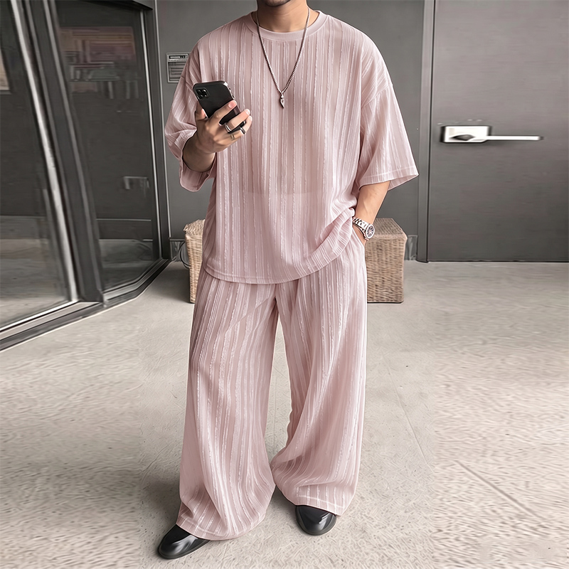 Mens Fashion Ideas - INCERUN メンズセット ストライプ柄 シースルー 半袖Tシャツ パンツ