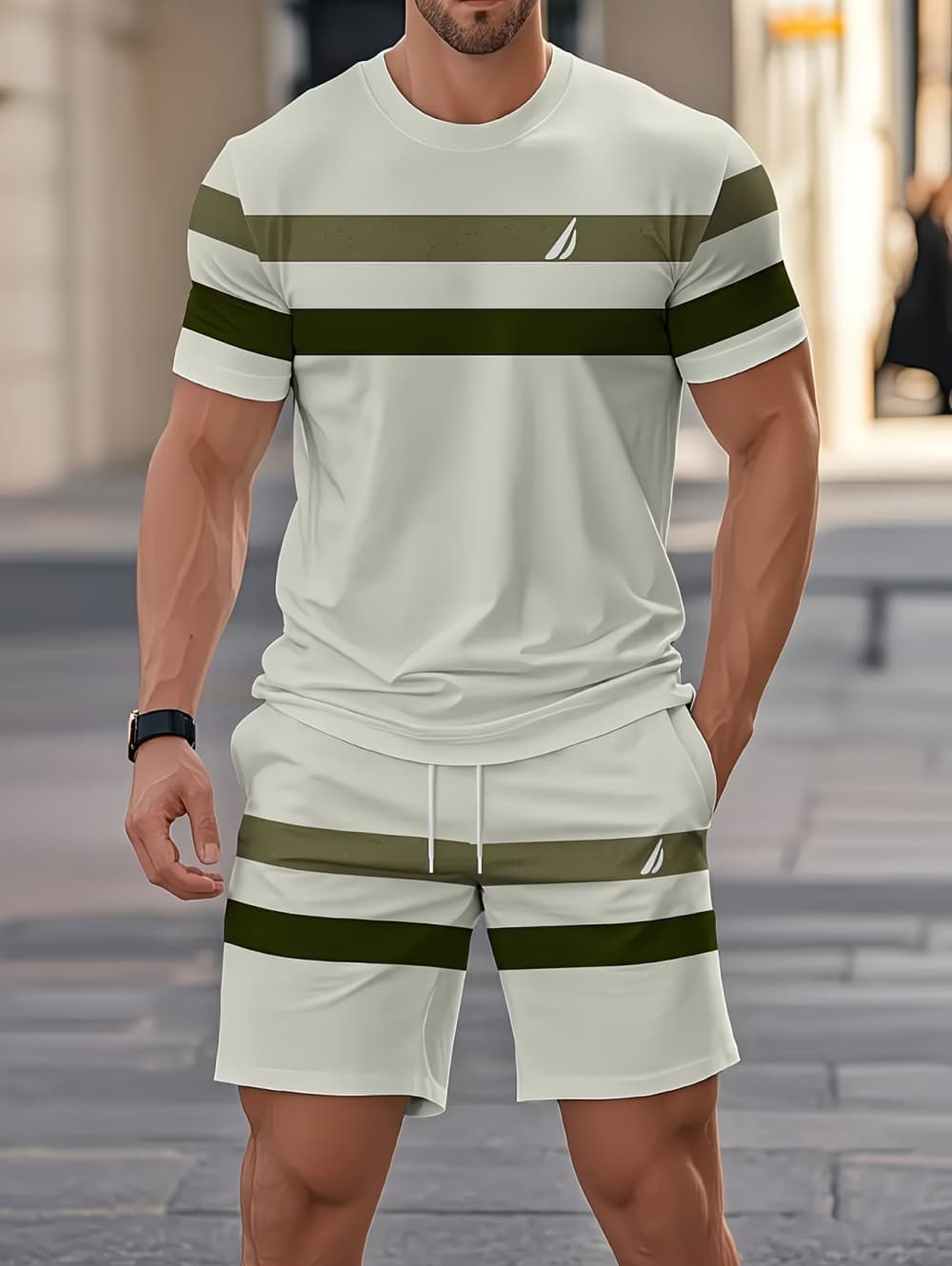 Mens Fashion Ideas - メンズサマーセット面白い3Dストライププリント半袖Tシャツ+ショートパンツ2ピースファッションルーズメンズアウトフィットカジュアルシンプルスポーツスーツ