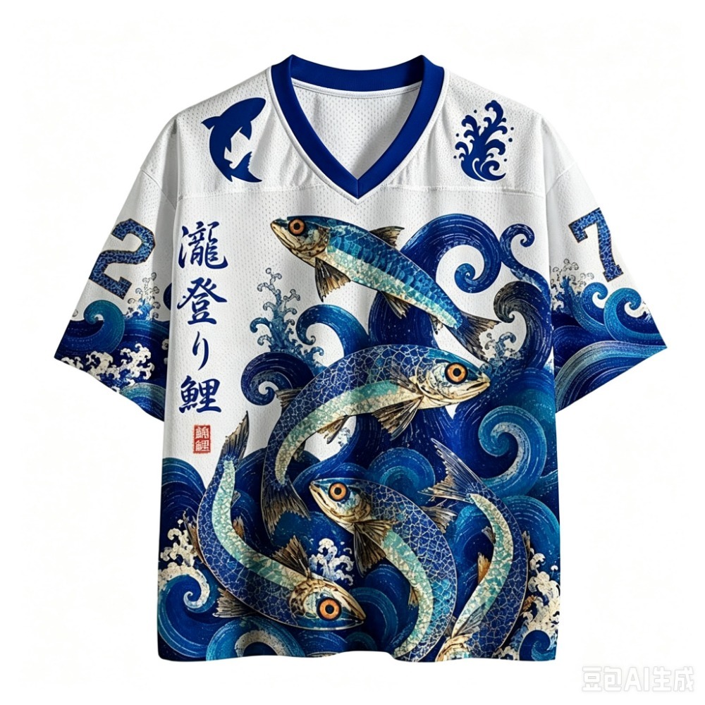 Men'S Fashion V Neck T Shirts - Y2K風の鯉と波の模様をあしらった3DプリントのメンズスポーツVネックTシャツ。アウトドア、ストリート、カジュアルファッションに最適。速乾性があり、通気性も抜群。親子でお揃いにも。
