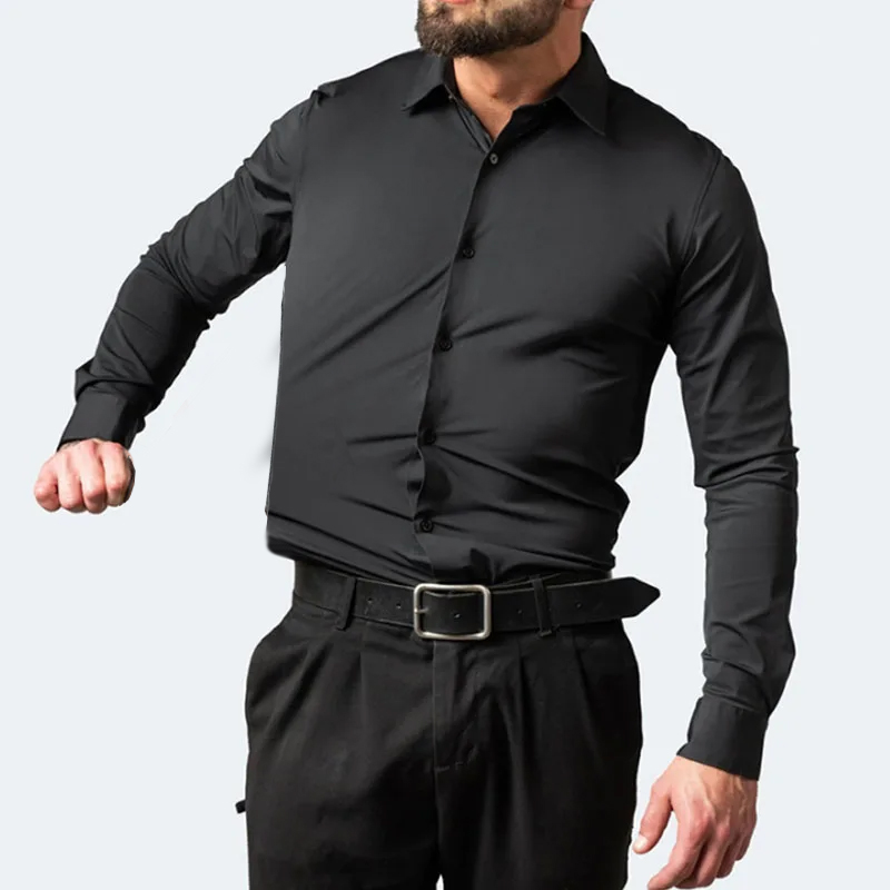 Dress Shirt Non-Iron - わずかな伸縮性メンズ長袖ビジネスカジュアルシャツ無地スリム非アイロンドレスシャツプラスサイズ