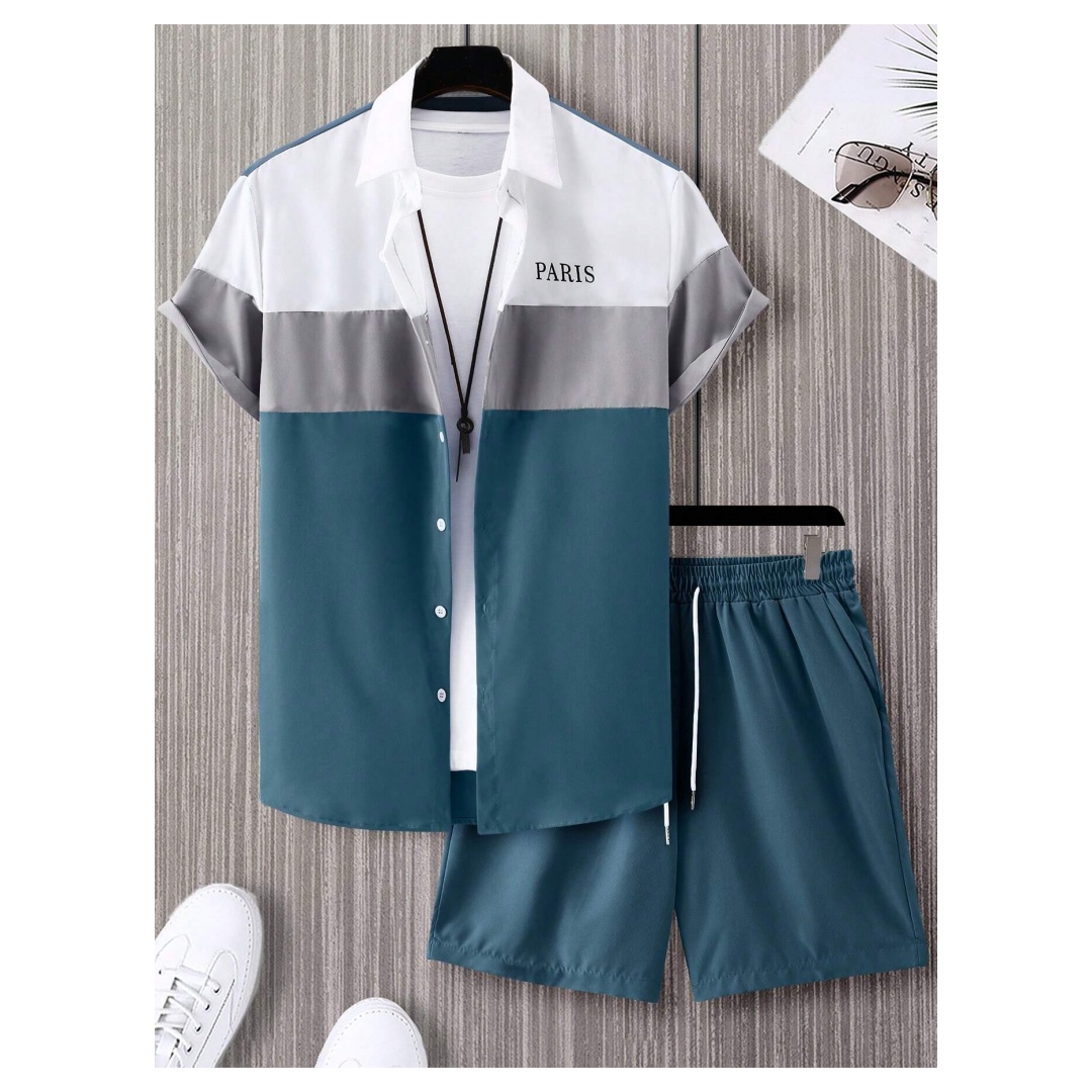 Mens Fashion Ideas - メンズファッションスーツ 青と白のパッチワークカラー シングルブレスト半袖ラペルシャツとショートパンツ Y2K メンズツーピーススーツ