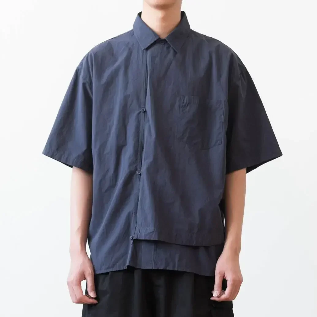 Men'S Fashion Online Stores - 男性用の伝統的なタングブラウス,ダークブルー,クリエイティブな前立て,半袖シャツ,ゆったりとしたカジュアルトップ,中国のオンラインストア,夏のファッション