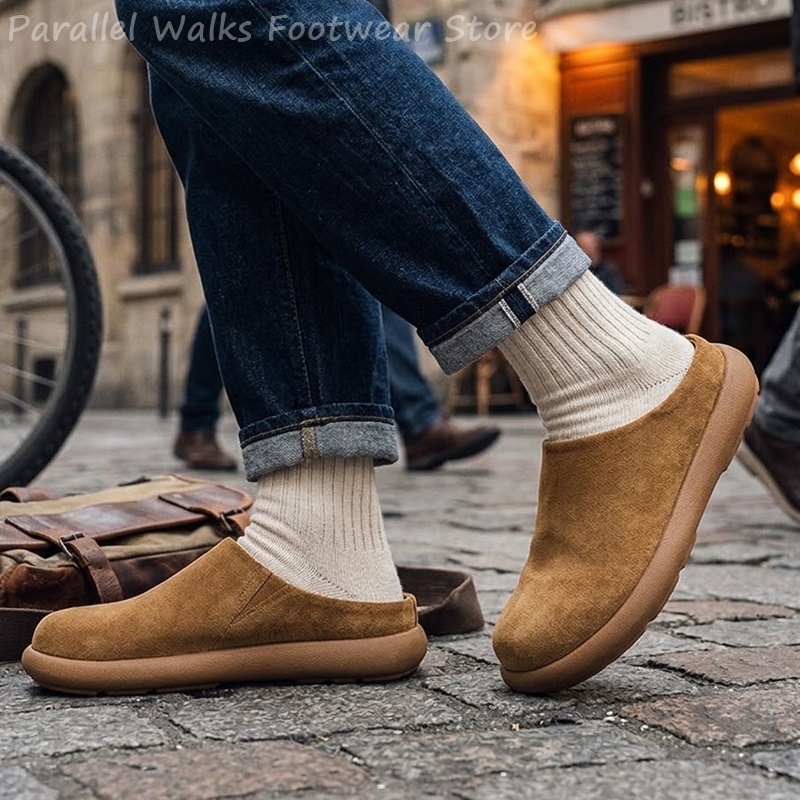 Suede Loafers Men - ユニセックス スエード クロッグス スリッポン ラウンドトゥ ミュール