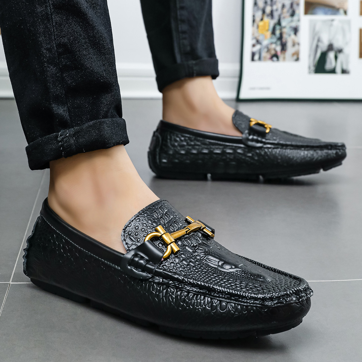 メンズドライビングシューズ ブラウン クロコダイル柄 ローフ - Men'S Fashion Loafers Shoes のレビューと価格