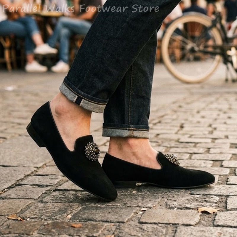 メンズスエードローファー ラインストーンクリスタル装飾 スリ - Suede Loafers Men のレビューと価格