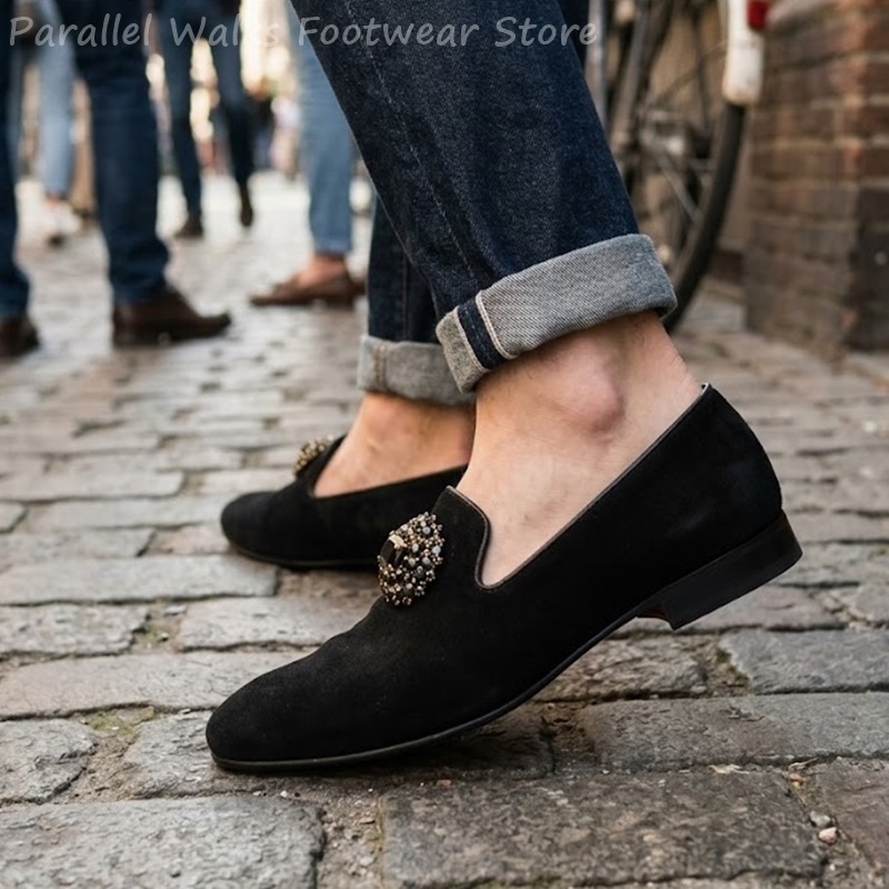 メンズスエードローファー ラインストーンクリスタル装飾 スリ - Suede Loafers Men のレビューと価格