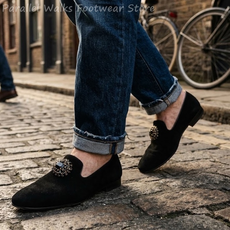 メンズスエードローファー ラインストーンクリスタル装飾 スリ - Suede Loafers Men のレビューと価格