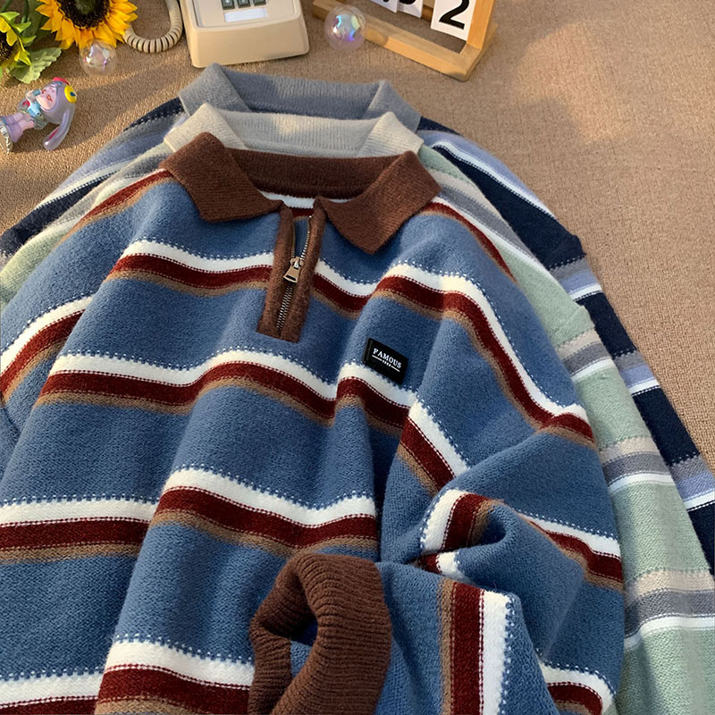 日本メンズ Y2K ニット暖かいポロニットストライプタートル - Turtleneck Sweater Men のレビューと価格