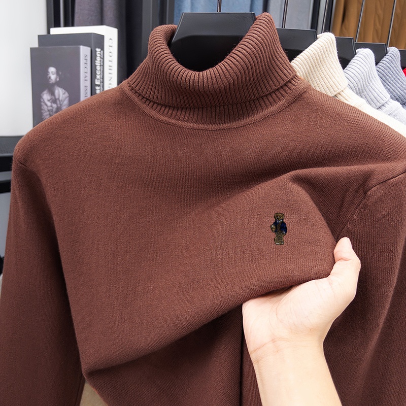 ホットブランド高級男性長袖ニットウェアクマ刺繍ダブルカラー春 - Turtleneck Sweater Men のレビューと価格
