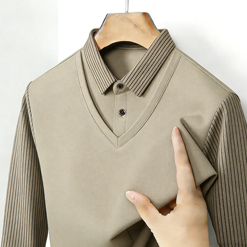 メンズフェイクツーピースシャツ襟 V ネック長袖トップカーキ - Mens Fashion Ideas のレビューと価格