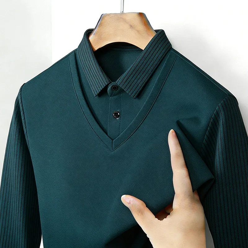 メンズフェイクツーピースシャツ襟 V ネック長袖トップカーキ - Mens Fashion Ideas のレビューと価格