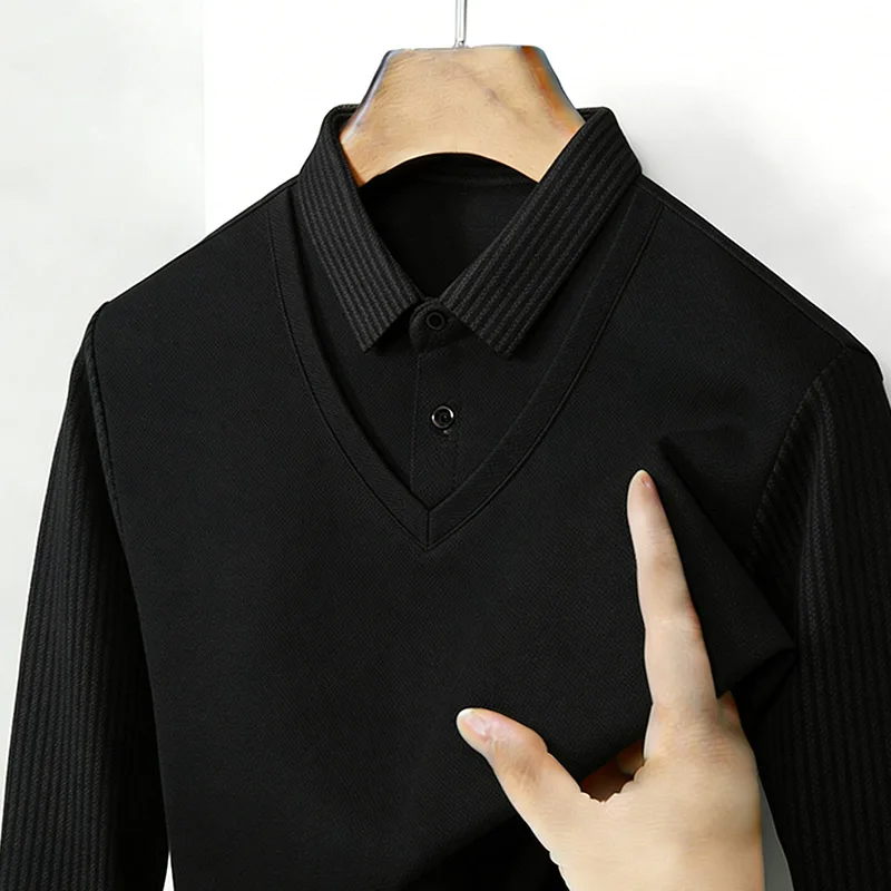 メンズフェイクツーピースシャツ襟 V ネック長袖トップカーキ - Mens Fashion Ideas のレビューと価格