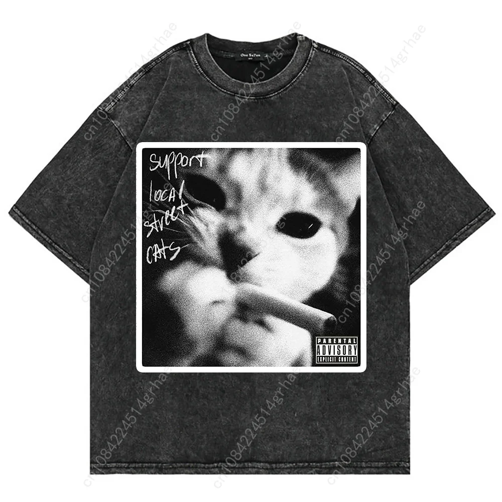 100% コットンヴィンテージウォッシュ Y2k 面白い猫ミ - Men'S Fashion V Neck T Shirts のレビューと価格