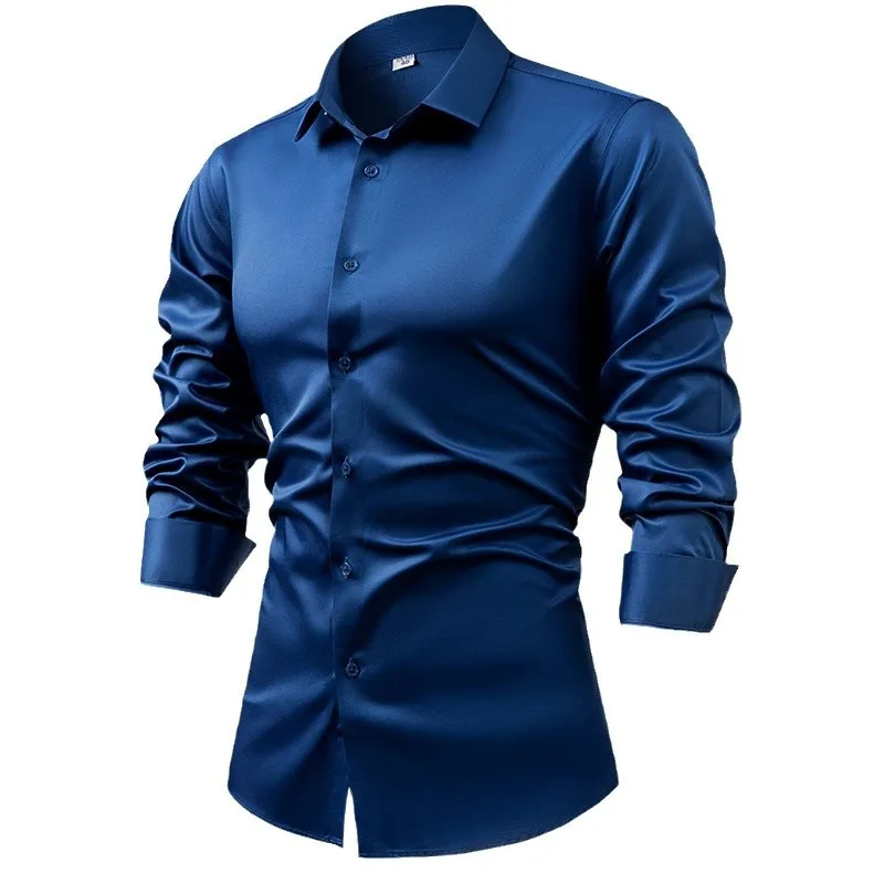 メンズ長袖シルクサテンシャツ,ネイビーブルー,カジュアル,ア - Dress Shirt Non-Iron のレビューと価格
