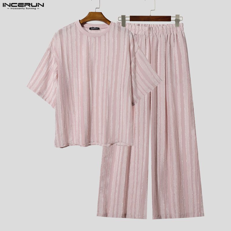 INCERUN メンズセット ストライプ柄 シースルー 半袖 - Mens Fashion Ideas のレビューと価格
