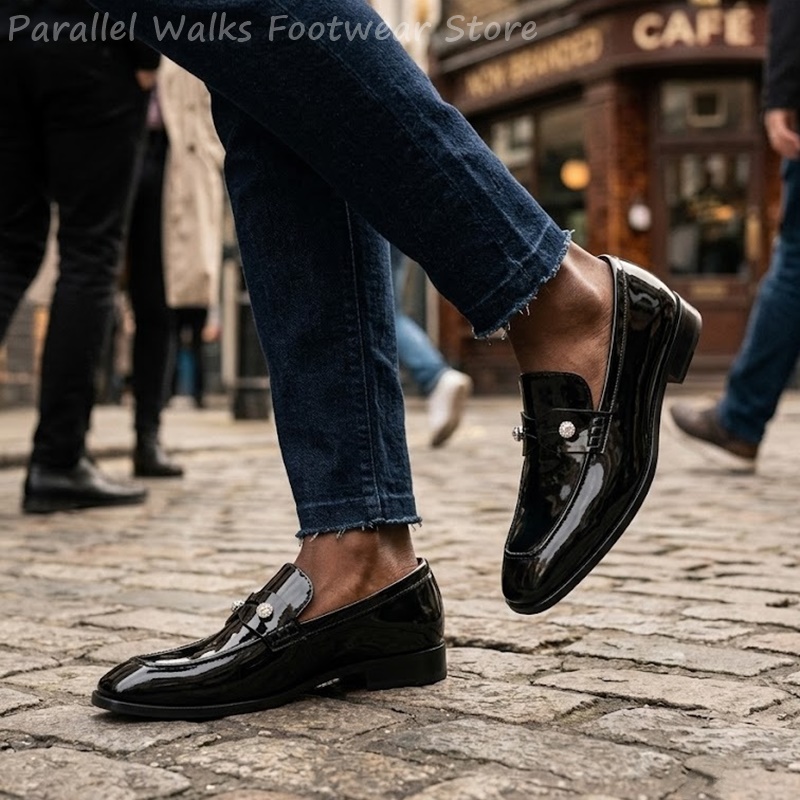 メンズブラックパテントフェイクスエードラインストーンローファ - Suede Loafers Men のレビューと価格