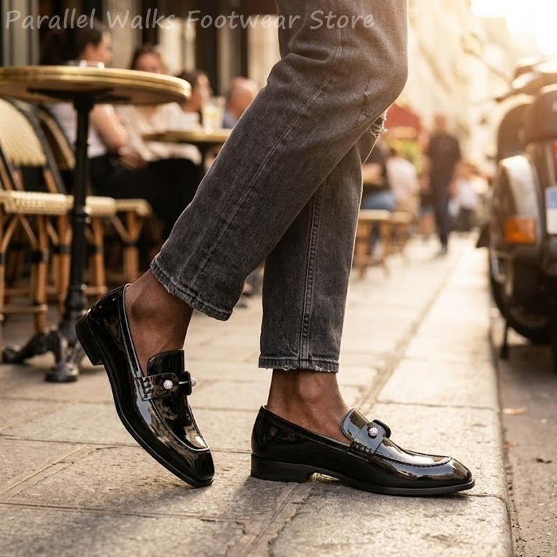 メンズブラックパテントフェイクスエードラインストーンローファ - Suede Loafers Men のレビューと価格