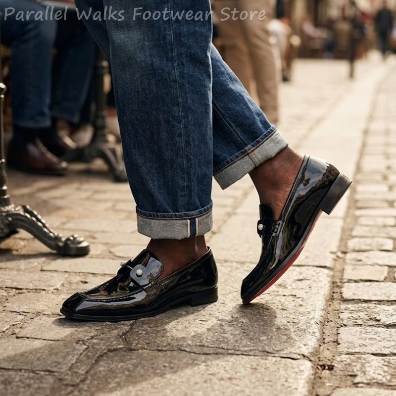 メンズブラックパテントフェイクスエードラインストーンローファ - Suede Loafers Men のレビューと価格