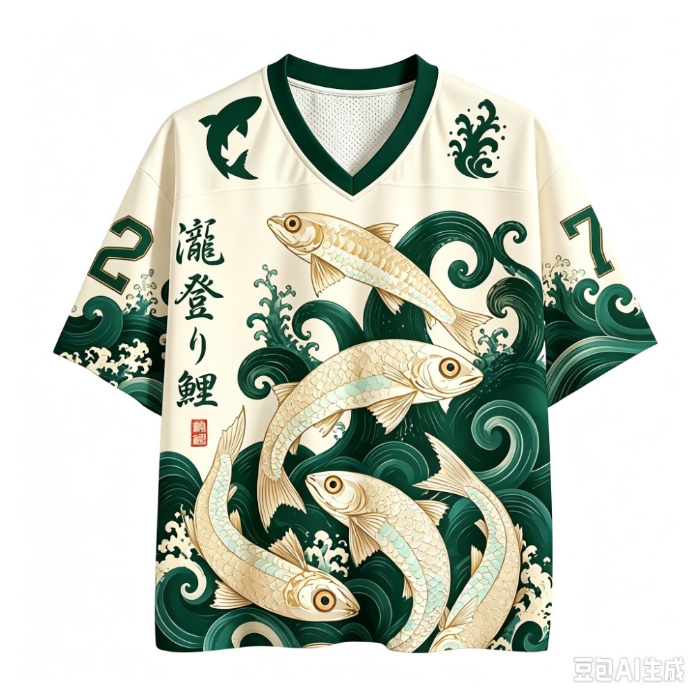 Y2K風の鯉と波の模様をあしらった3Dプリントのメンズスポー - Men'S Fashion V Neck T Shirts のレビューと価格
