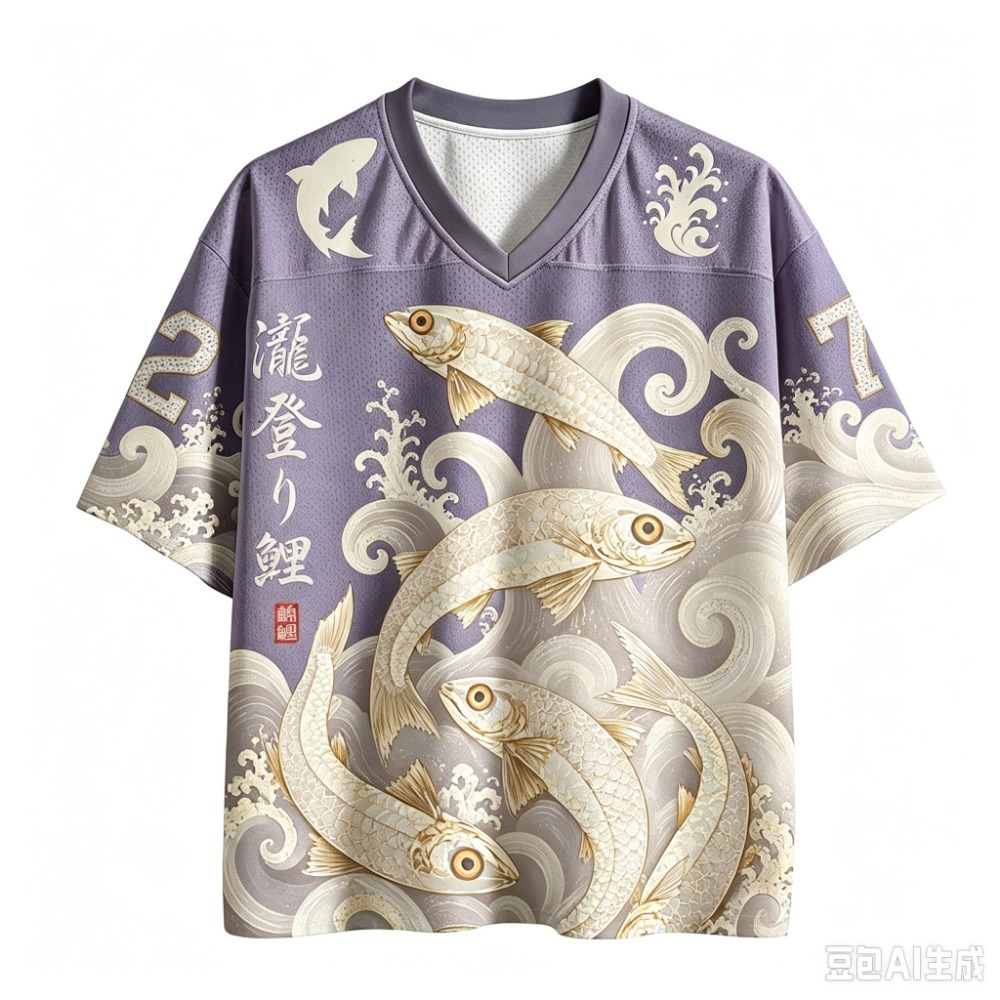 Y2K風の鯉と波の模様をあしらった3Dプリントのメンズスポー - Men'S Fashion V Neck T Shirts のレビューと価格