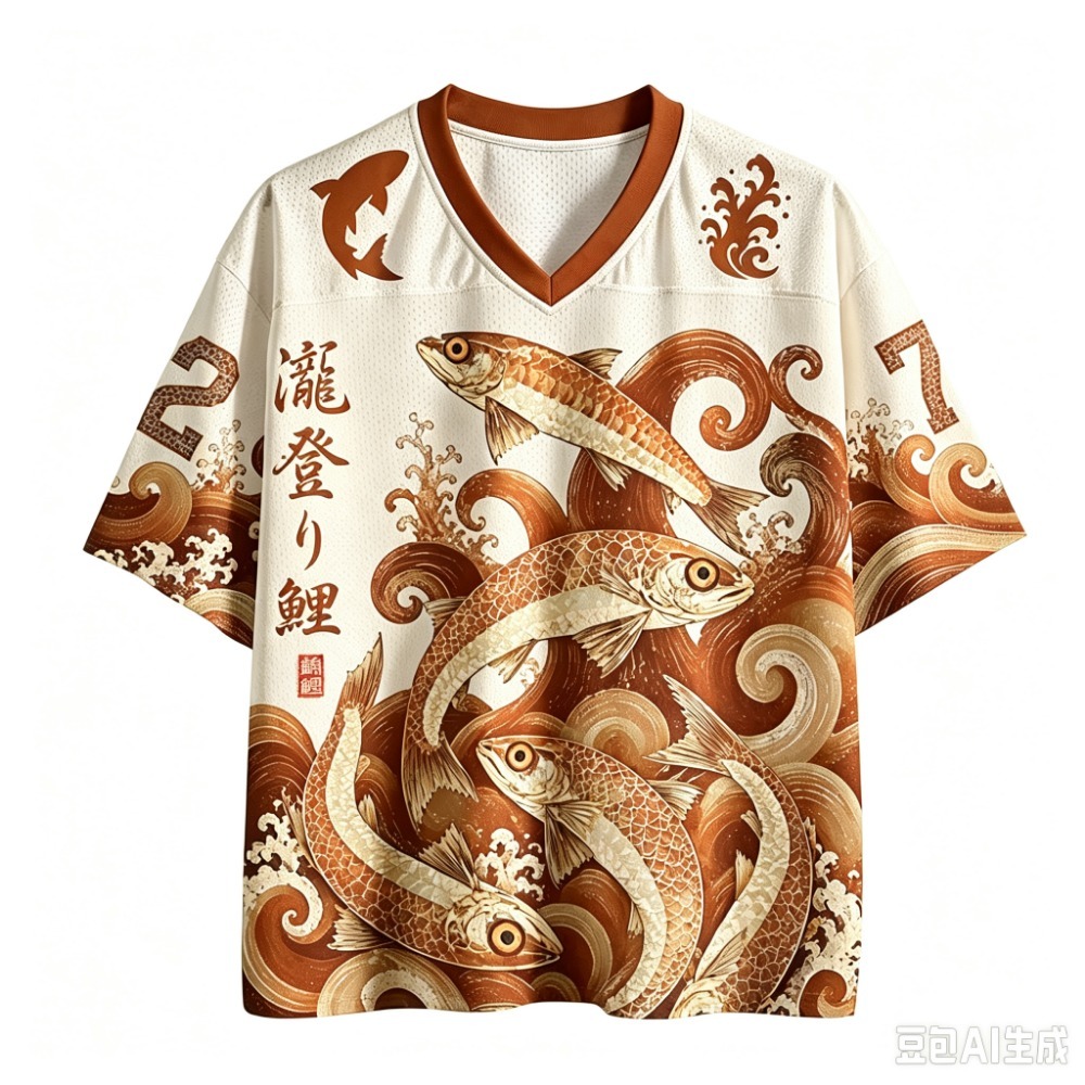 Y2K風の鯉と波の模様をあしらった3Dプリントのメンズスポー - Men'S Fashion V Neck T Shirts のレビューと価格