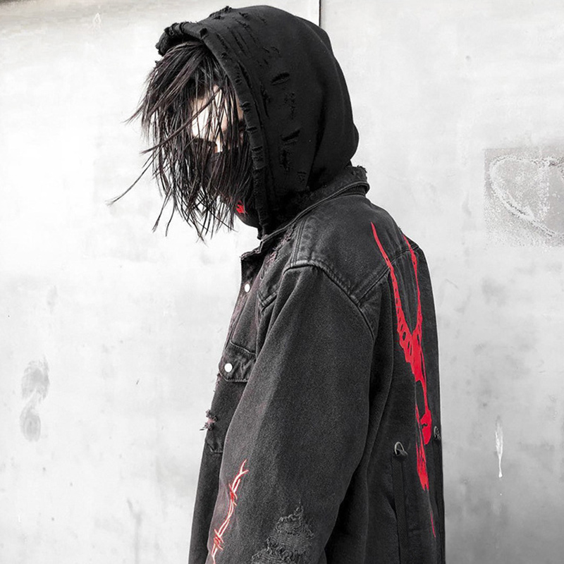 スカルプリントデニムジャケットメンズ原宿ゴシックコートヴィン - Denim Jacket Vintage のレビューと価格