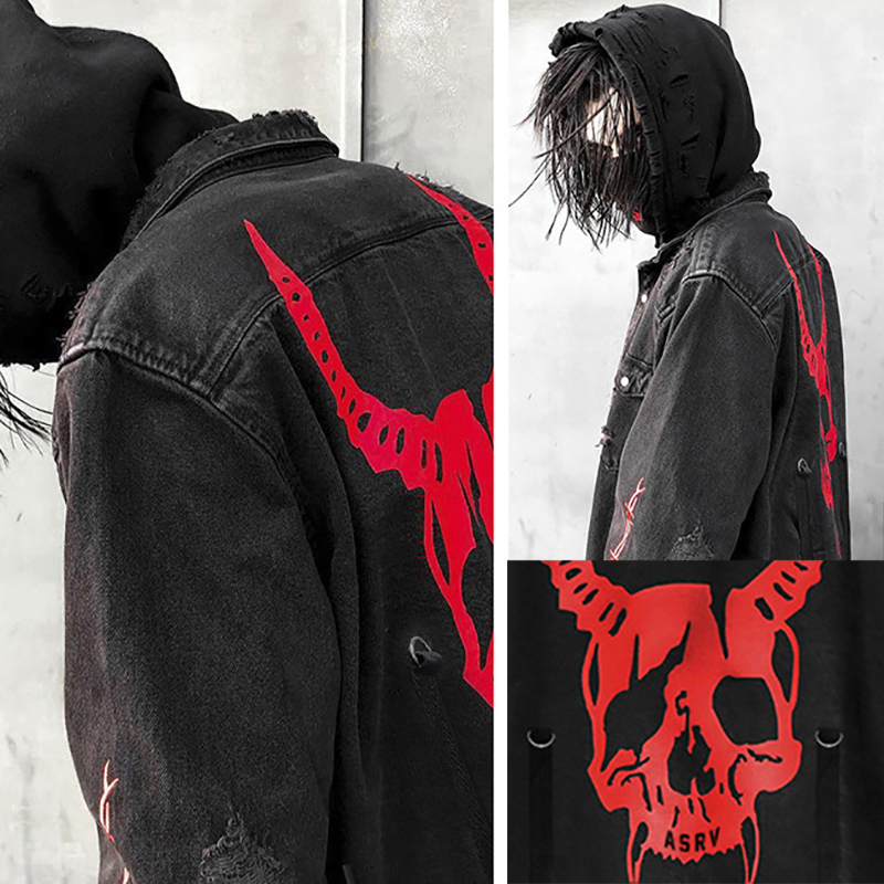 スカルプリントデニムジャケットメンズ原宿ゴシックコートヴィン - Denim Jacket Vintage のレビューと価格
