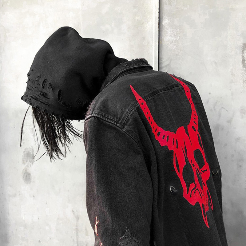 スカルプリントデニムジャケットメンズ原宿ゴシックコートヴィン - Denim Jacket Vintage のレビューと価格